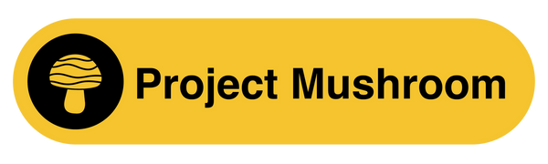 "Project Mushroom" in black text on a yellow background next to a yellow-and-black image of a mushroom.